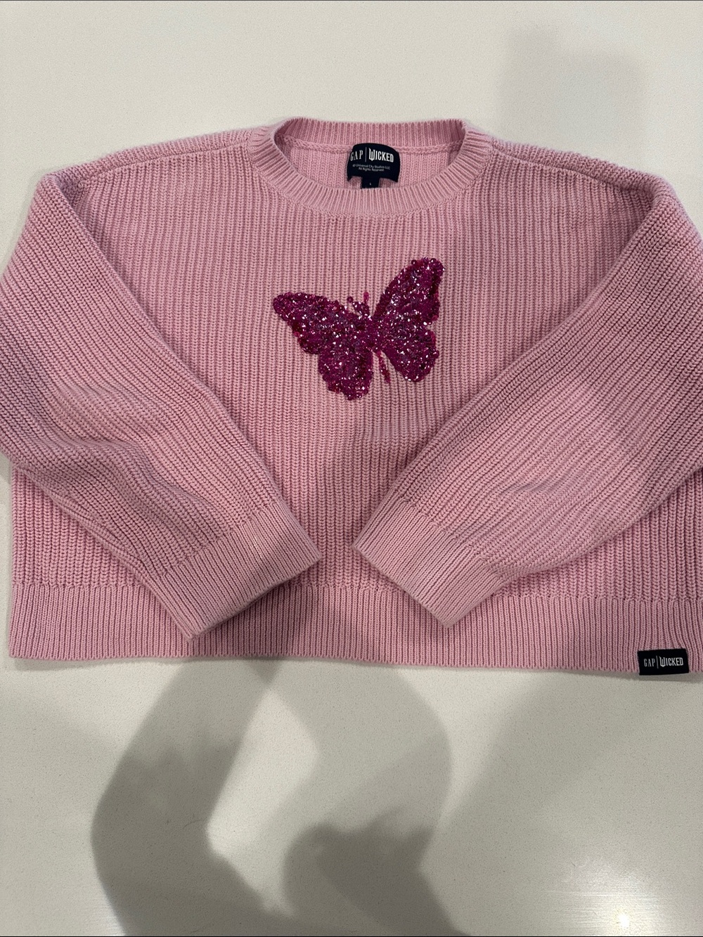 GAP Wicked Themed Pink Crewneck Sweater with Sequin Butterfly